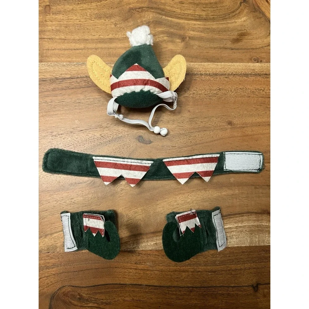 Green Christmas Elf Pet Costume Set Hat Collar Shoes Small Dog Cat Holiday